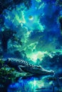 Enchanted Swamp at Midnight with Full Moon and Dreamy Sky, Surreal Fantasy Art Featuring Alligator by Lakeside Royalty Free Stock Photo