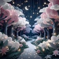 Enchanted tale of paper cut cloud forest, pathway glows with sparkles stars, white and pink tree leaves, painting art Royalty Free Stock Photo