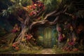 enchanted tree door opening to a mystical garden