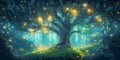 Enchanted tree and glowing fireflies in a fairytale forest at night