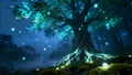 Enchanted Tree with Glowing Roots in a Mystical Night Forest Royalty Free Stock Photo