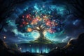 An Enchanted Tree Radiating Brilliant Light Amidst Vibrant Colors. AI