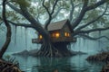 Enchanted treehouse amidst mystical fog in dense forest with reflections on tranquil water
