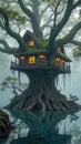Enchanted treehouse with glowing windows in misty forest
