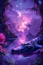 Enchanted Twilight Jungle River with Alligator and Exotic Flora under a Magical Purple Sky