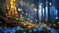 Enchanted Twiligt, Forest Alive with Illuminated Butterflies and Fallen Trunk. Generative Ai