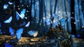 Enchanted Twiligt, Forest Alive with Illuminated Butterflies and Fallen Trunk. Generative Ai