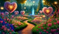 Enchanted Valentine's Day garden, heart-shaped topiaries, magical pathway, blooming flowers, romantic ambiance, love