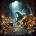 Enchanted Vault: Unicorn in AI Crafted Cave Overflowing with Gold