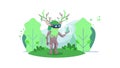 Enchanted VR journey: explorer with antlers in a lush virtual forest, vector design Generative AI Royalty Free Stock Photo