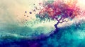 Enchanted watercolor landscape with tree and birds Royalty Free Stock Photo