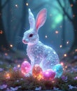 Enchanted white rabbit with sparkling easter eggs in mystical forest Royalty Free Stock Photo