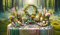 Enchanted Wiccan Altar Decorated for Spring Equinox with Floral Arrangements and Candles