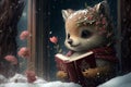 Enchanted winter. Adorable anthropomorphic creatures in a magic forest with flowers, books and hearts. Valentines Day in magical