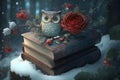 Enchanted winter. Adorable anthropomorphic creatures in a magic forest with flowers, books and hearts. Valentines Day in magical