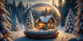 Enchanted winter cabin in a sparkling glass globe. Generative AI Royalty Free Stock Photo