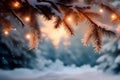 Enchanted Winter Evening with Snow-Covered Pine Branches and Twinkling Lights