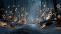 Enchanted winter forest with glowing lights and lanterns on snowy path Royalty Free Stock Photo