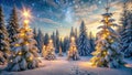 Enchanted winter forest with glowing snow-covered trees at sunset. Generative AI Royalty Free Stock Photo