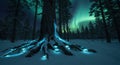 Enchanted Winter Forest with Glowing Tree Roots and Northern Lights Royalty Free Stock Photo
