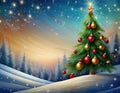 Enchanted winter landscape with a festively decorated christmas tree under starry sky Royalty Free Stock Photo