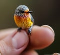 Enchanting AI-Generated Macro: Tiny Bird Perched on a Finger