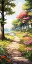 Enchanting Anime Painting: Serene Forest Path In Uhd With Romantic Riverscapes