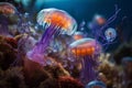 Enchanting aquatic beauty neon jellyfish in a colorful underwater scene Royalty Free Stock Photo