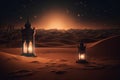 Enchanting Arabian Nights: Mosque and Lamp in the Desert. Generative AI