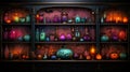 Vibrant hues create a Halloween atmosphere. A Jack-o\'-lantern and candle add mystery, while a colorful