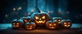 Enchanting Array of Mysterious Halloween Pumpkins in the Midnight Blue Darkness AI generated