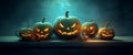 Enchanting Array of Mysterious Halloween Pumpkins in the Midnight Blue Darkness AI generated