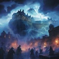 Enchanting artwork of Edinburgh Castle emerging from mist with ethereal lights dancing in the night sky