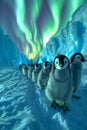 Enchanting Aurora Borealis Display Over a Line of Cute Cartoon Penguins in a Magical Icy Landscape Royalty Free Stock Photo