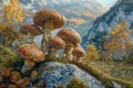 Enchanting Autumn Forest Scene with Vibrant Toadstools on a Moss Covered Hill Overlooking Mountain Landscape