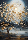 Enchanting Autumn: A Golden Tree\'s Moonlit Reflection Amidst a B