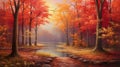 An enchanting autumn landscape, with vibrant hues of red, orange, and gold painting the trees.