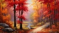 An enchanting autumn landscape, with vibrant hues of red, orange, and gold painting the trees.
