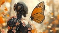 Enchanting autumn robotics: an AI with a butterfly, technological harmony with nature. a beautiful encounter, perfect Royalty Free Stock Photo