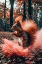 Enchanting Autumn Scene with Vibrant Squirrel amidst Colorful Forest Background and Magical Effect