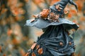 Enchanting Autumn Witch Hat Adorned with Orange Leaves and Dew Drops on a Mystical Foggy Background