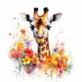 Enchanting Baby Giraffe in a Colorful Flower Field for Art Prints and Greeting Cards.