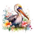 Enchanting Baby Pelican in a Colorful Flower Field for Art Prints and Greetings.