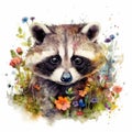 Enchanting Baby Raccoon in a Colorful Flower Field for Art Prints and Greetings.