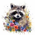 Enchanting Baby Raccoon in a Colorful Flower Field Watercolor Painting Art Print and Greeting Card Design