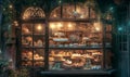 An enchanting bakery display window filled with delectable desserts, lit by fairy lights on a magical evening. Royalty Free Stock Photo