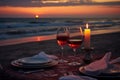 Enchanting beachside dinner with candles under a mesmerizing sunset sky at a luxury resort