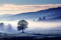 enchanting beauty of a misty morning in a rural landscape, where a tree is bathed in great lighting.