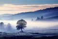 enchanting beauty of a misty morning in a rural landscape, where a tree is bathed in great lighting. Royalty Free Stock Photo