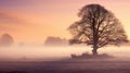 enchanting beauty of a misty morning in a rural landscape, where a tree is bathed in great lighting. Royalty Free Stock Photo